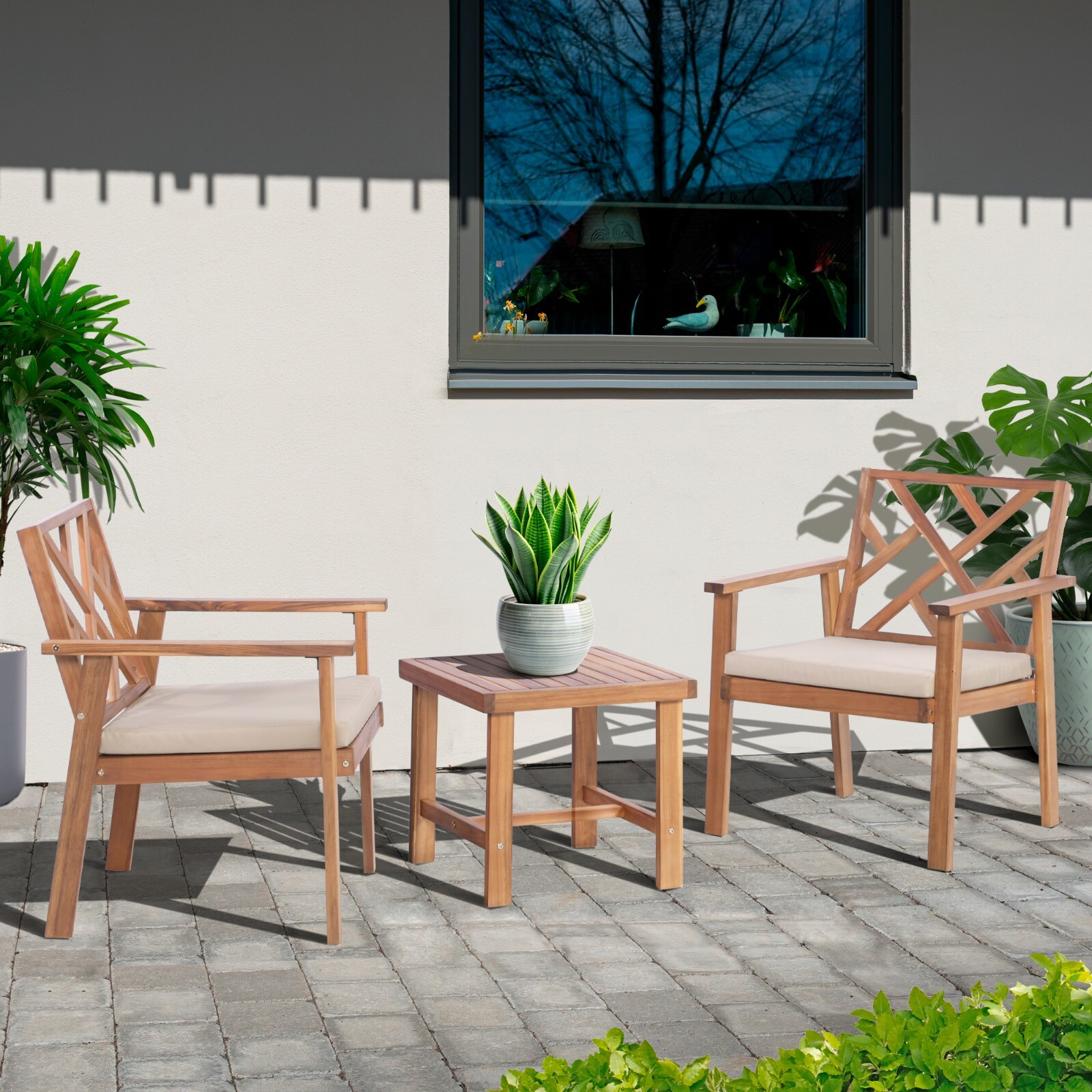 Werph 3PCS Acacia Wood patio Conversation Set Cushioned Chairs Coffee Table