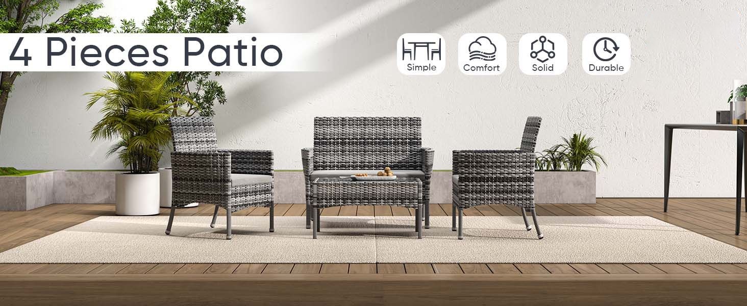 4PCS Wicker Patio Furniture Set | Patio Set with Rattan Chairs & Coffee Table