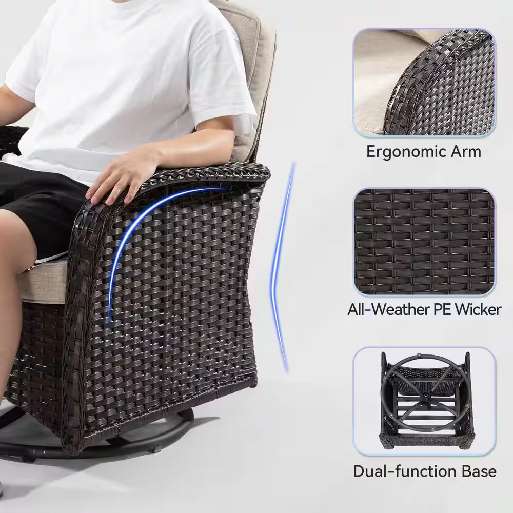 3-Pcs Dark Brown Wicker Outdoor Rocking Chair Patio Conversation Set Swivel Chai