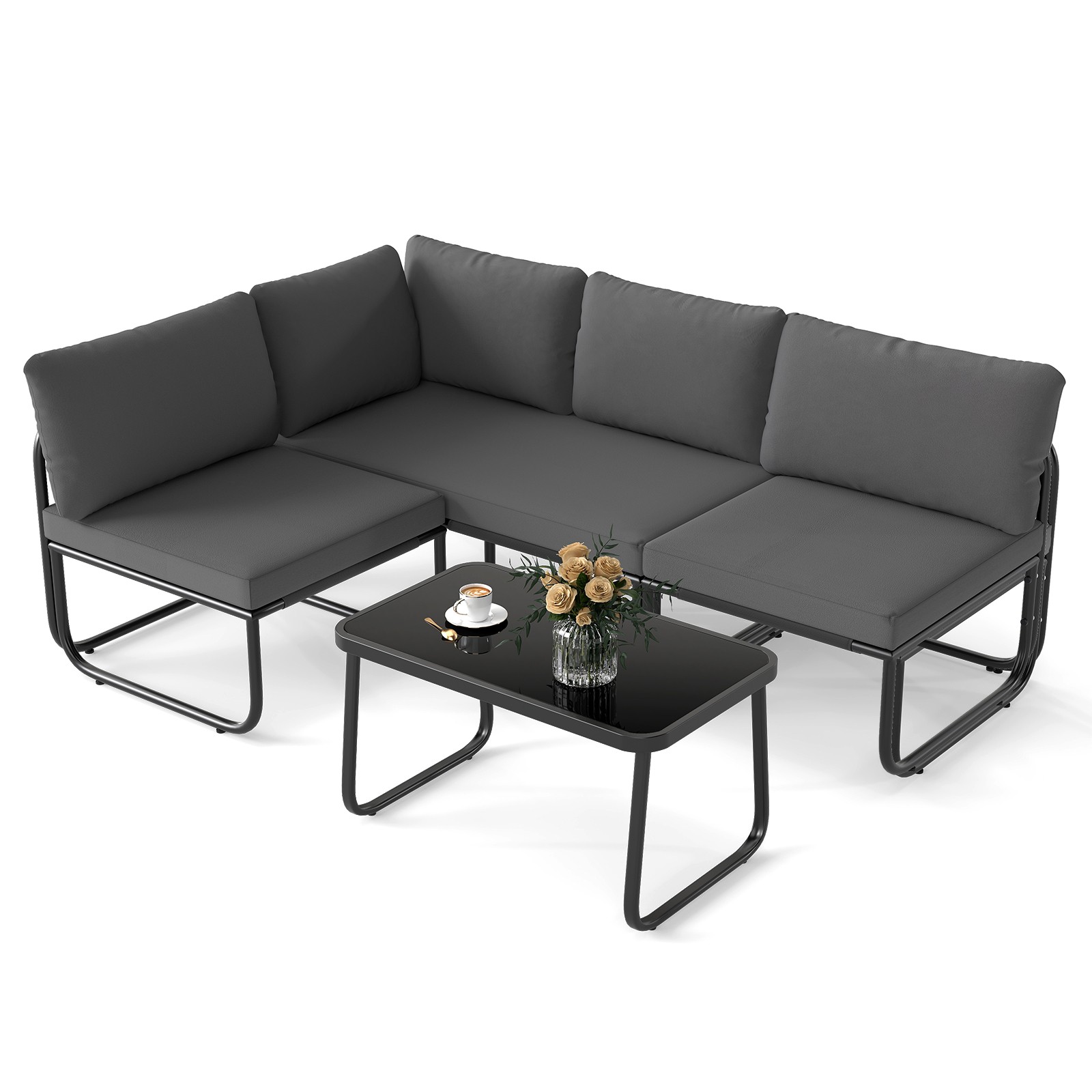 Set of 4 Patio Furniture Set w/Cushions & Tempered Glass Coffee Table for