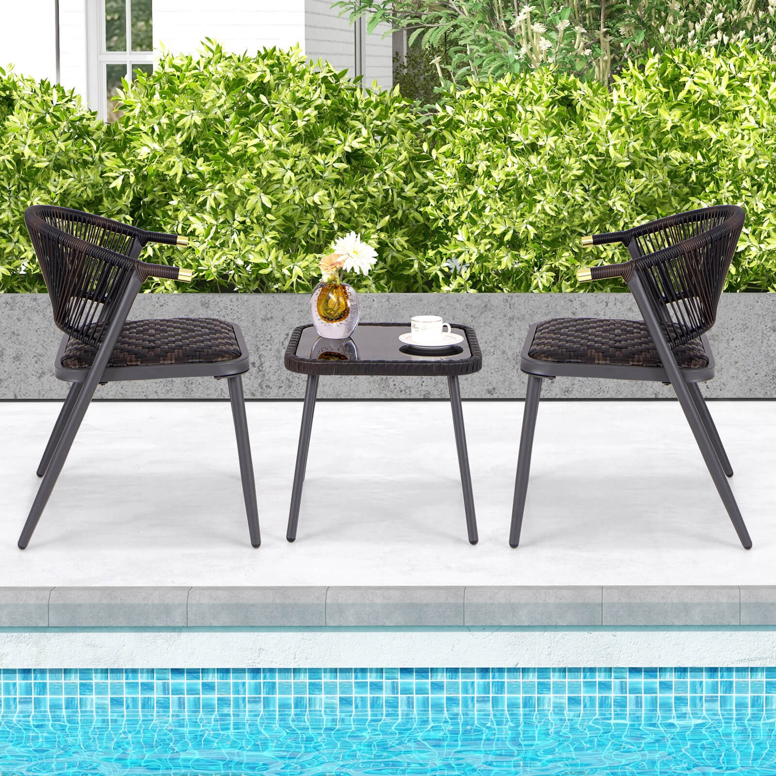 3 PCS Patio Rattan Furniture Set w/ Tempered Glass Tabletop Wicker Seat