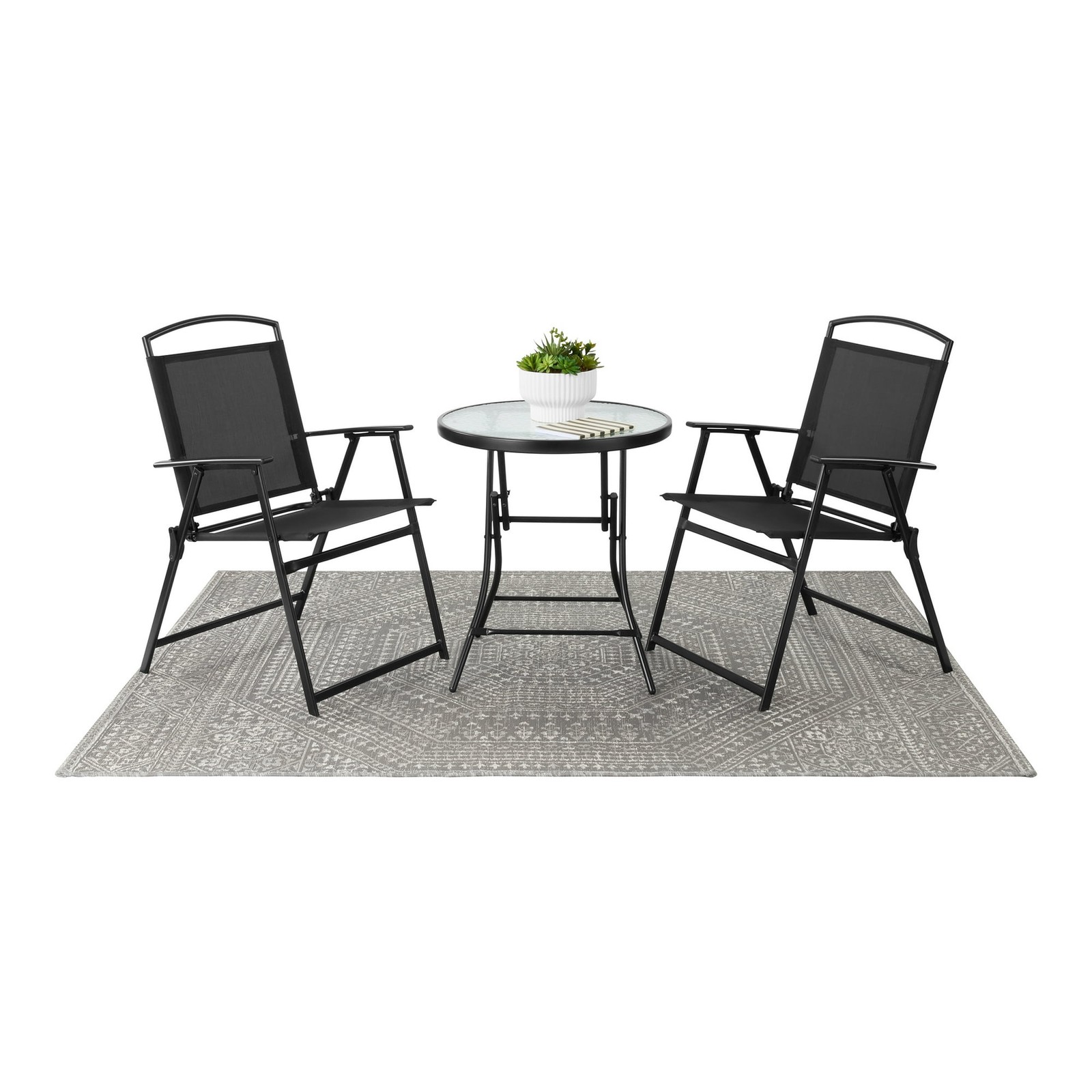 New Mainstays Albany Lane 3-Piece Bistro Set Outdoor Folding Chairs Glass Table