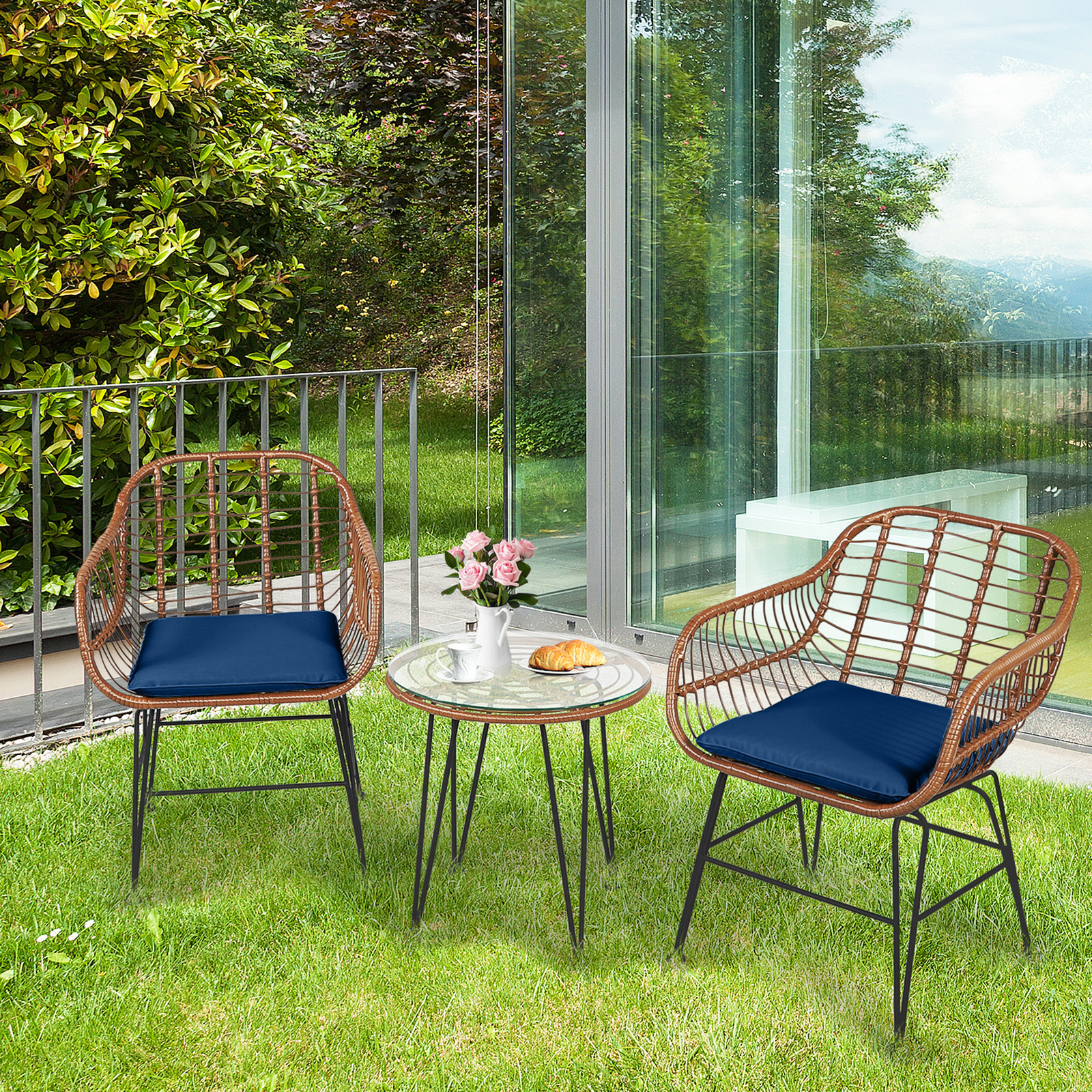 3PCS Rattan Patio Conversation Set Bistro Chat Set w/ Navy Cushions