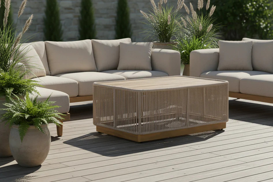 Cypress Teak Wood Sofa Set with Beige Rope Design – Modern Outdoor Lounge 4-Sea