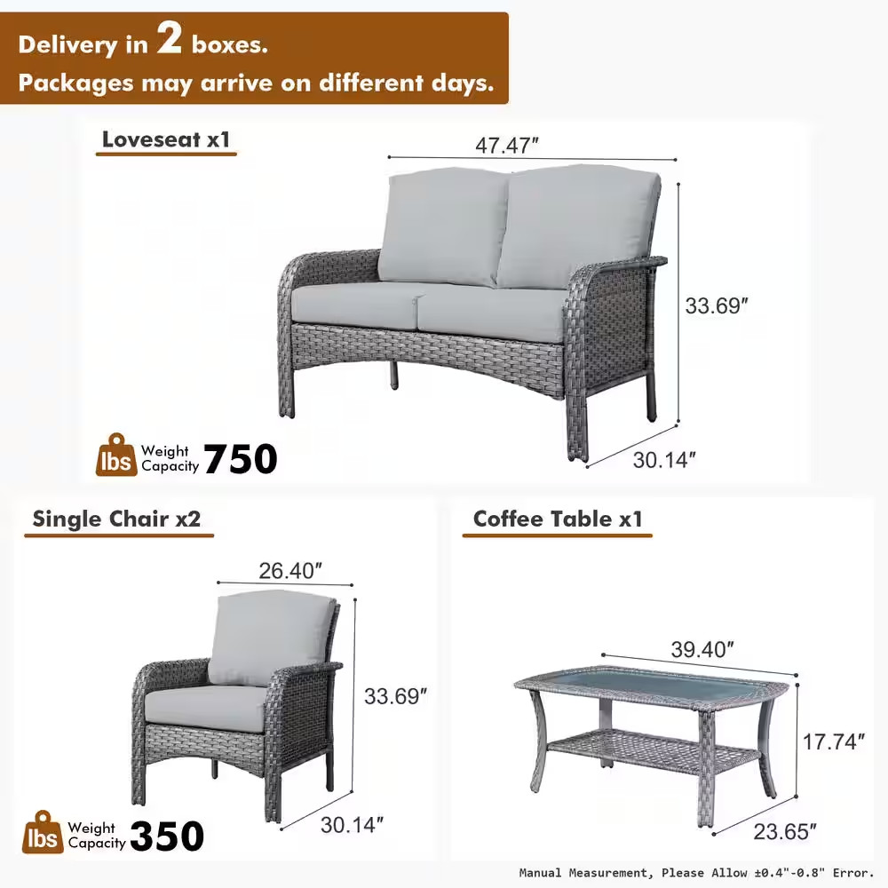 Venice Gray 4-Piece Wicker Modern Outdoor Patio Conversation Sofa Seating Set wi