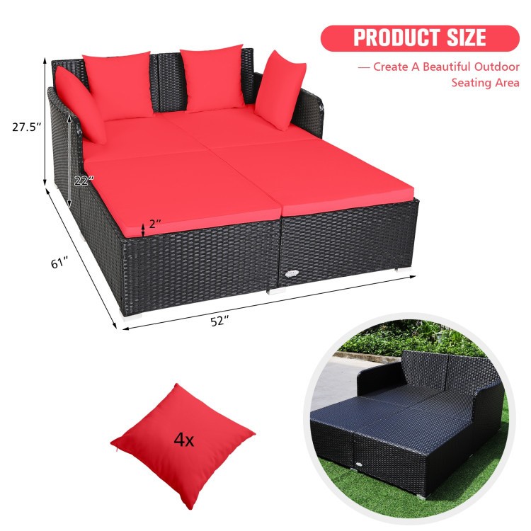 Spacious Rattan Daybed with Upholstered Cushion & 4 Pillows