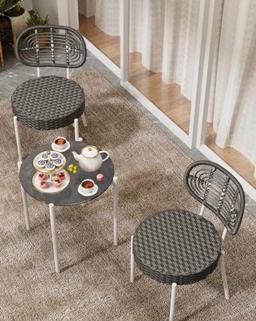 3 Piece Wicker Patio Bistro Furniture Set, Outdoor Dining Chairs, White & Grey
