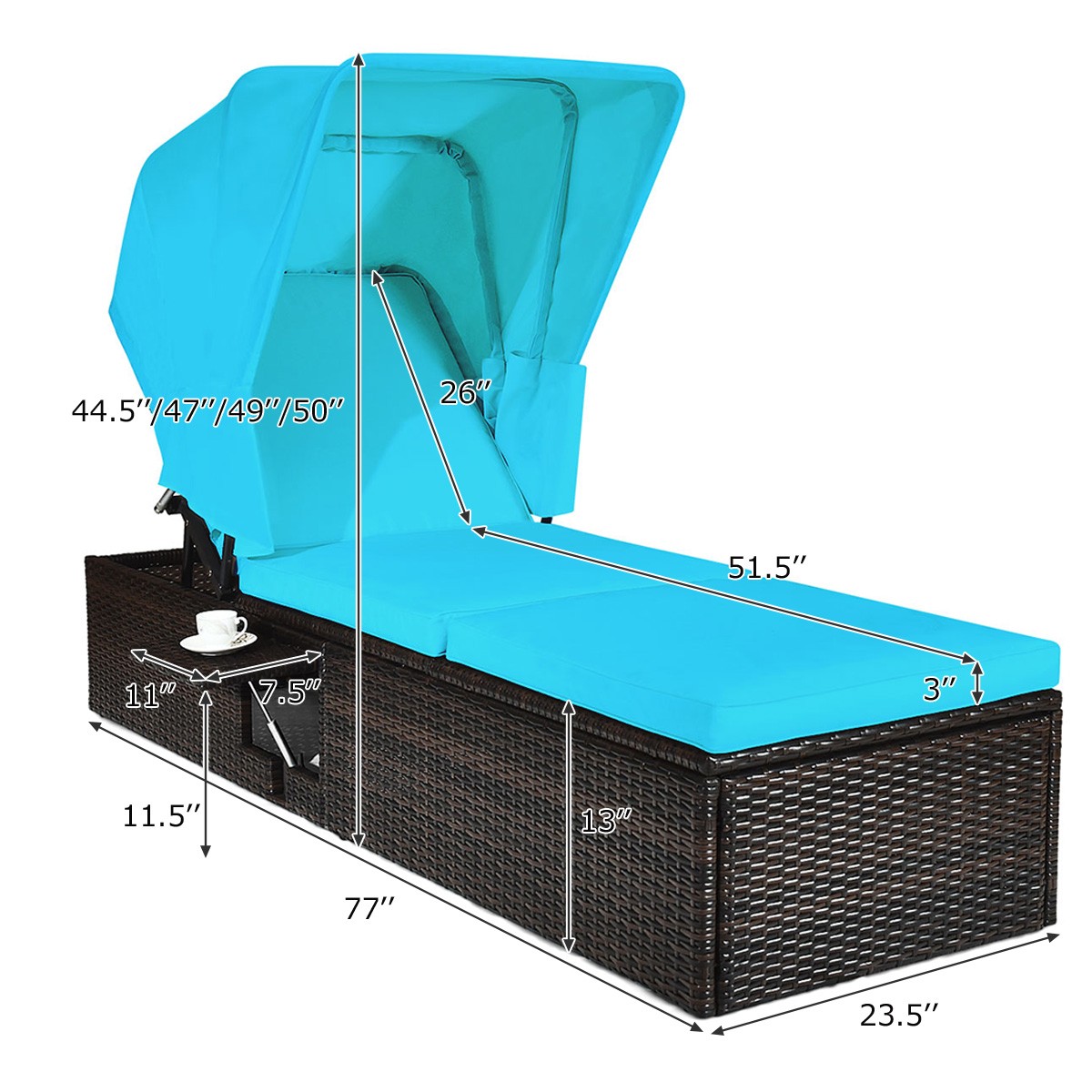 Patiojoy Patio Rattan Lounge Chaise Cushioned Top Canopy Adjustable Turquoise