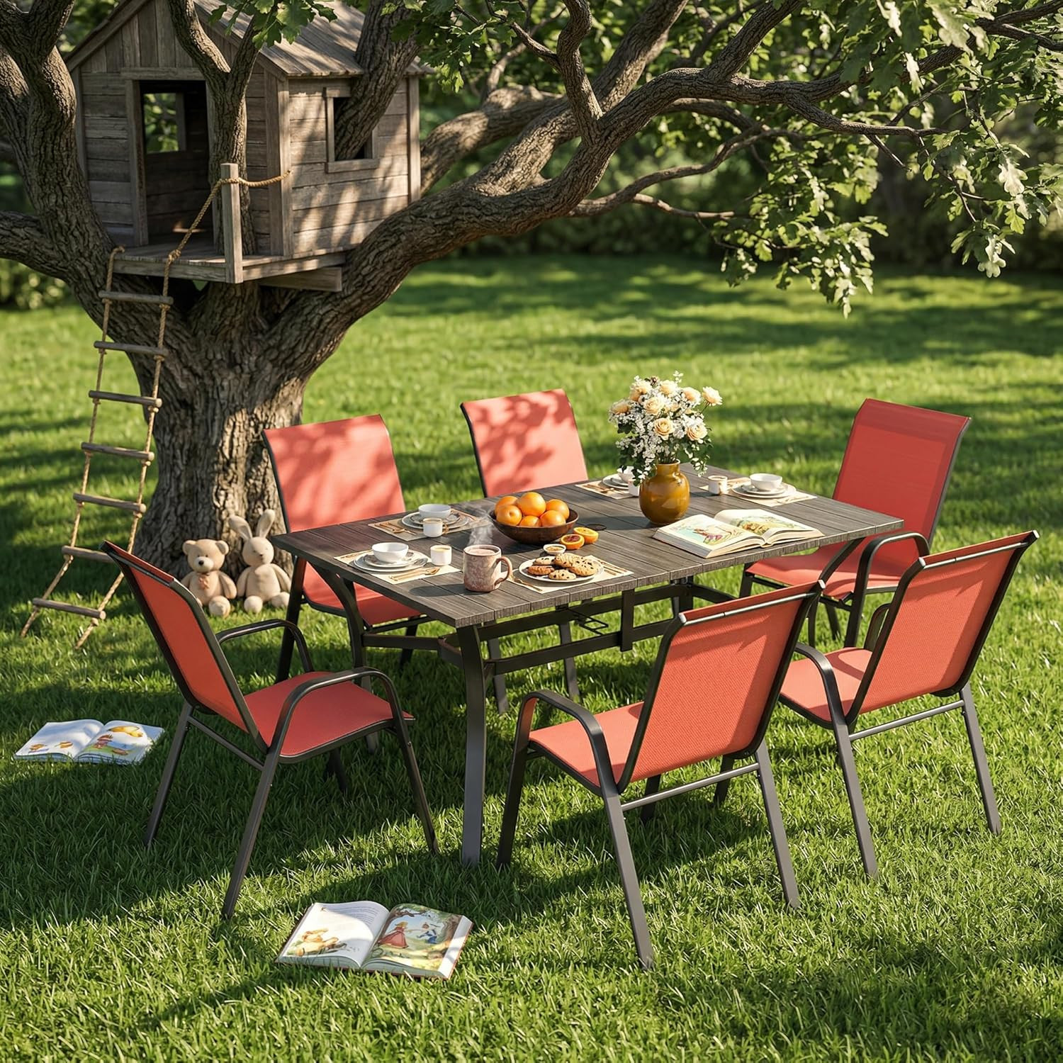 7-Piece Waterproof Patio Dining Set for 6 with Umbrella Hole, Black/Red