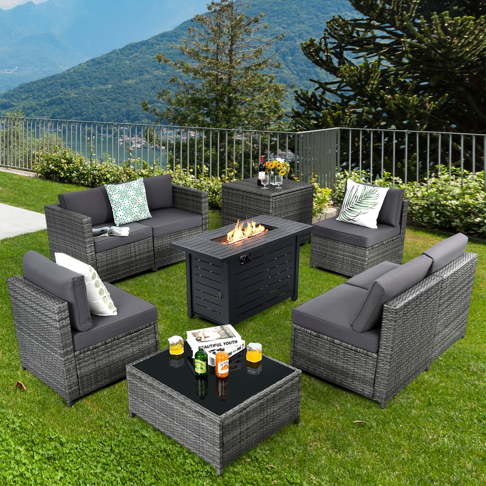 9 PCS Wicker Sofa Rattan Dinning Set w/ 60,000 Btu Heater Propane Gas Fire Pit