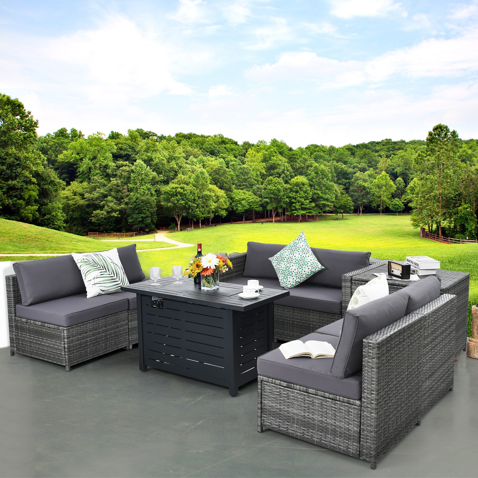 9 PCS Wicker Sofa Rattan Dinning Set w/ 60,000 Btu Heater Propane Gas Fire Pit