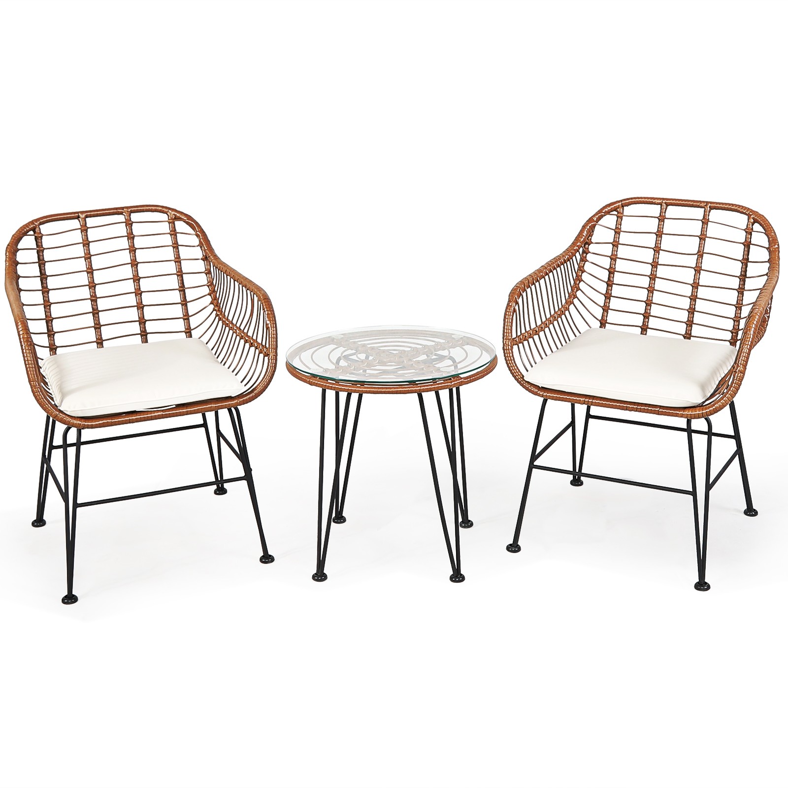 Patiojoy 3PCS Patio Rattan Bistro Set Coffee Table Armchair Garden Beige Cushion