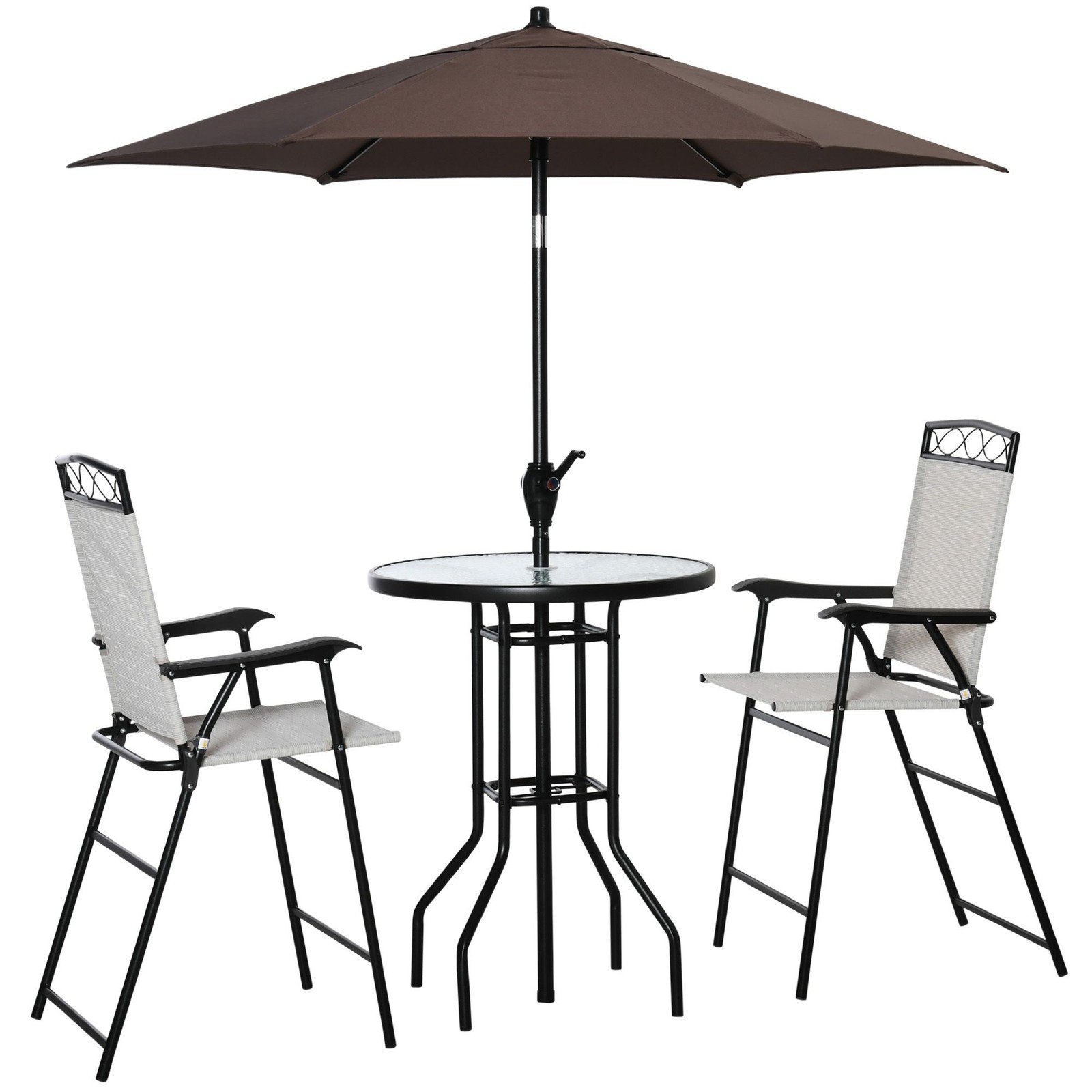 Bar Height Patio Set: 2 Fold Chairs, 27.5″ Dia Glass Table, Tilting Umbrella