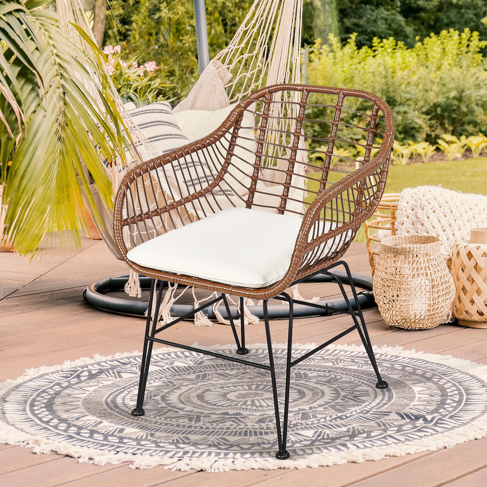 Patiojoy 3PCS Patio Rattan Bistro Set Coffee Table Armchair Garden Beige Cushion