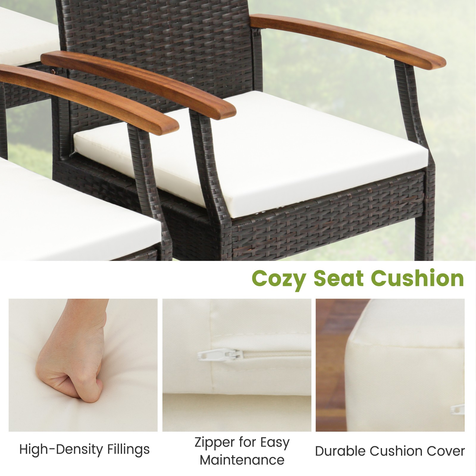 5PCS Patio Wicker Dining Set Cushion Acacia Wood Armchairs Table W/Umbrella Hole