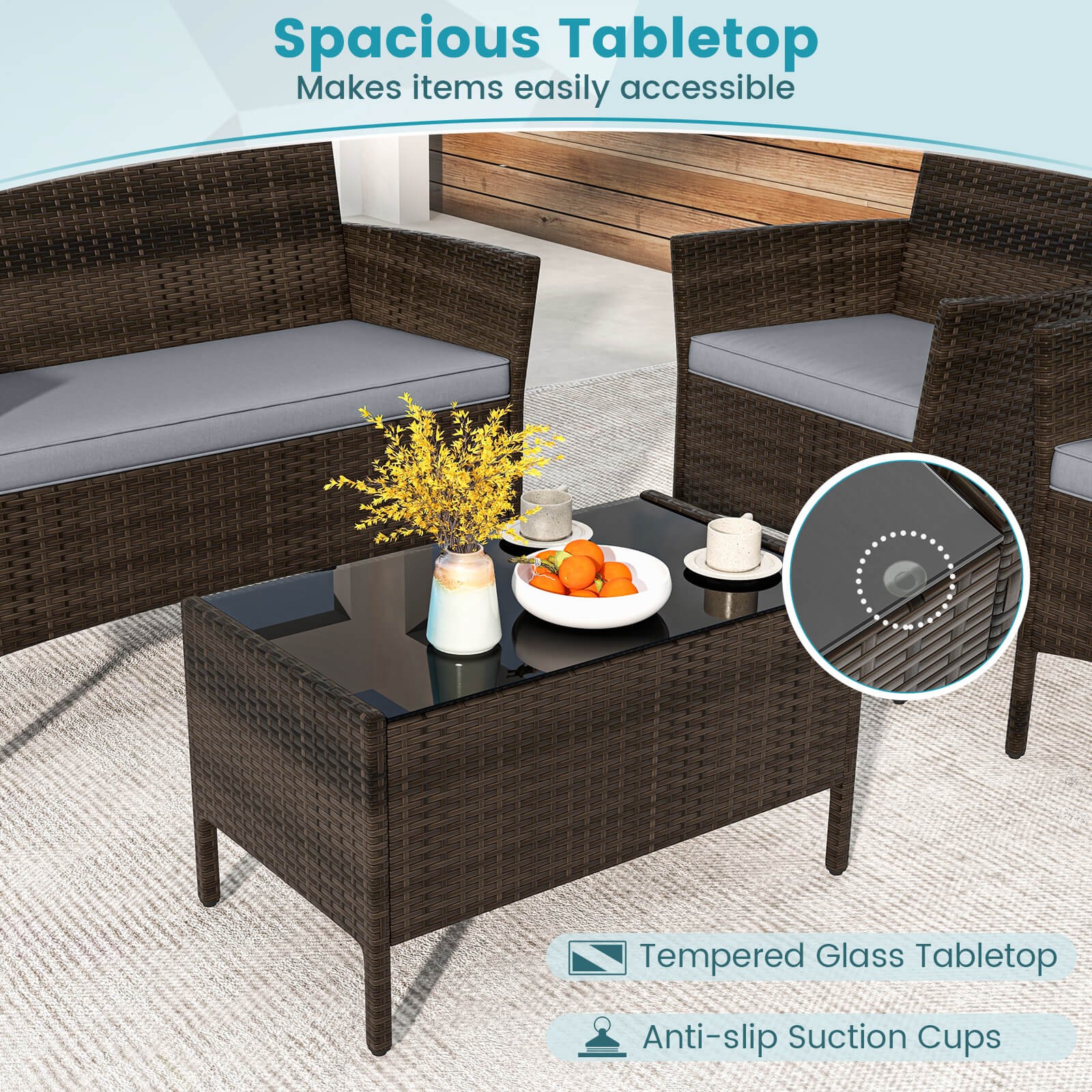 Patio 8 PCS Furniture Set w/Washable Cushions and Tempered Glass Coffee Table
