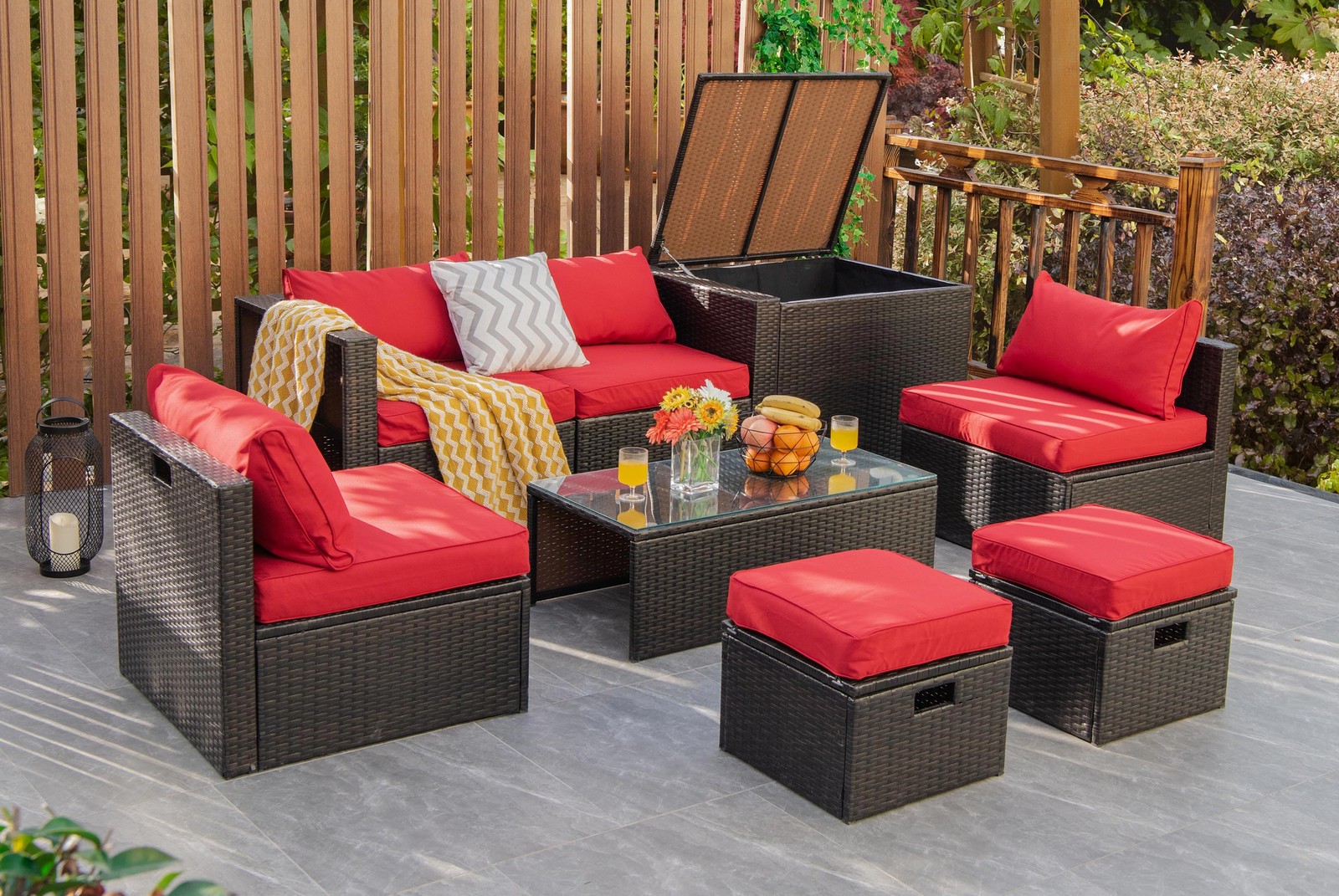 8PCS Patio Rattan Furniture Set Space-Saving Storage Cushion W/Cover Red