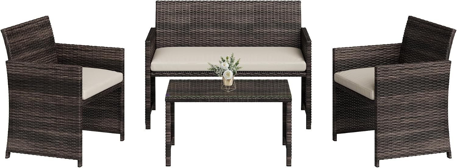 🪑 4 Piece Brown Beige Wicker Patio Set Rattan Sofa Glass Table Cushion Outdoor