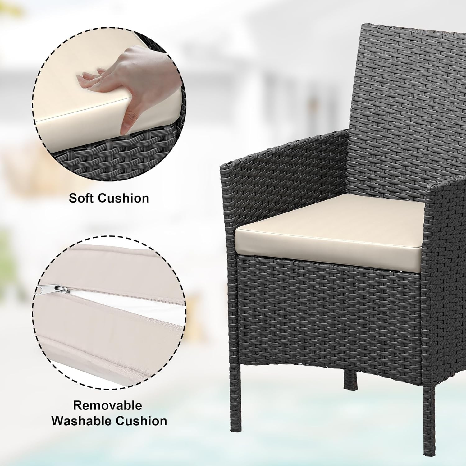 3 Piece Outdoor Rattan Chair Set w Cushion&Glass Table, Wicker Conversation Set