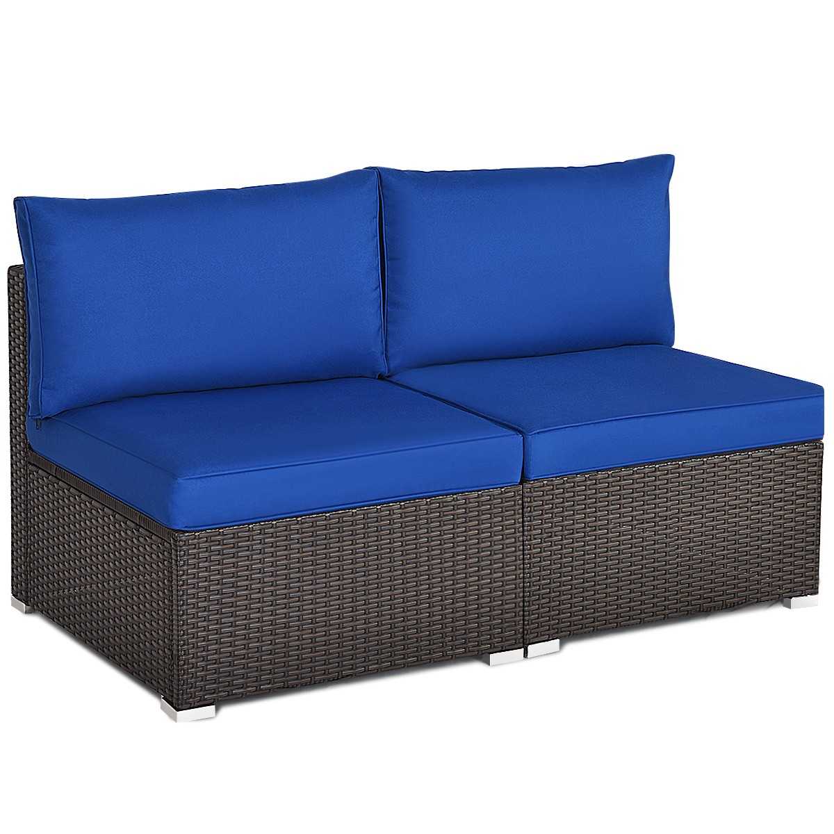 2PCS Patio Rattan Armless Sofa Sectional Furniture Conversation W/Navy Cushion