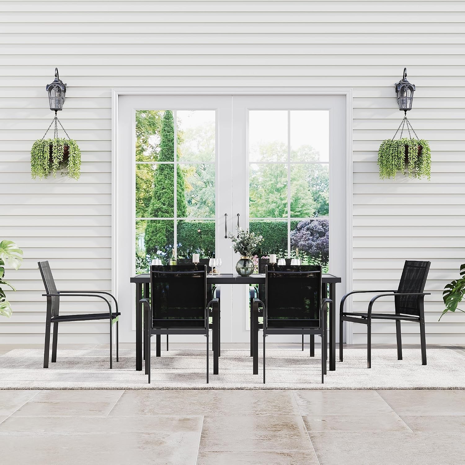 7 Piece Patio Dining Set Table 6 Chairs Textilene Seats Metal Rectangle Backyard