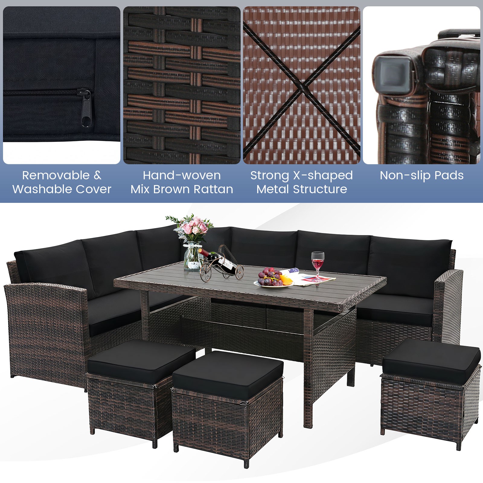 7 PCS Patio Furniture Set Rattan Sectional Conversation Sofa Coffee Table Porch