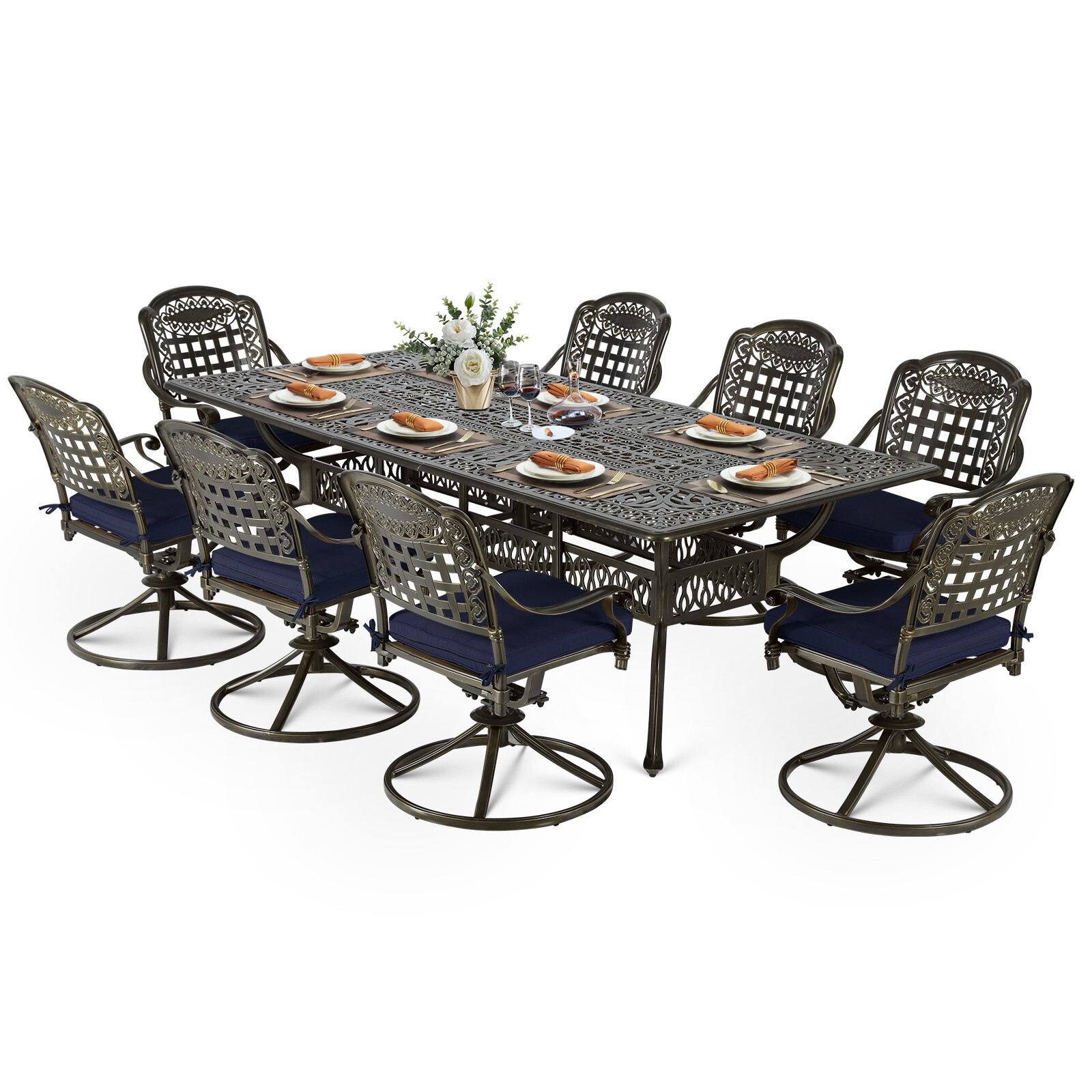 9 PCS Cast Aluminum Swivel Patio Dining Set Outdoor Rectangle Furniture Set