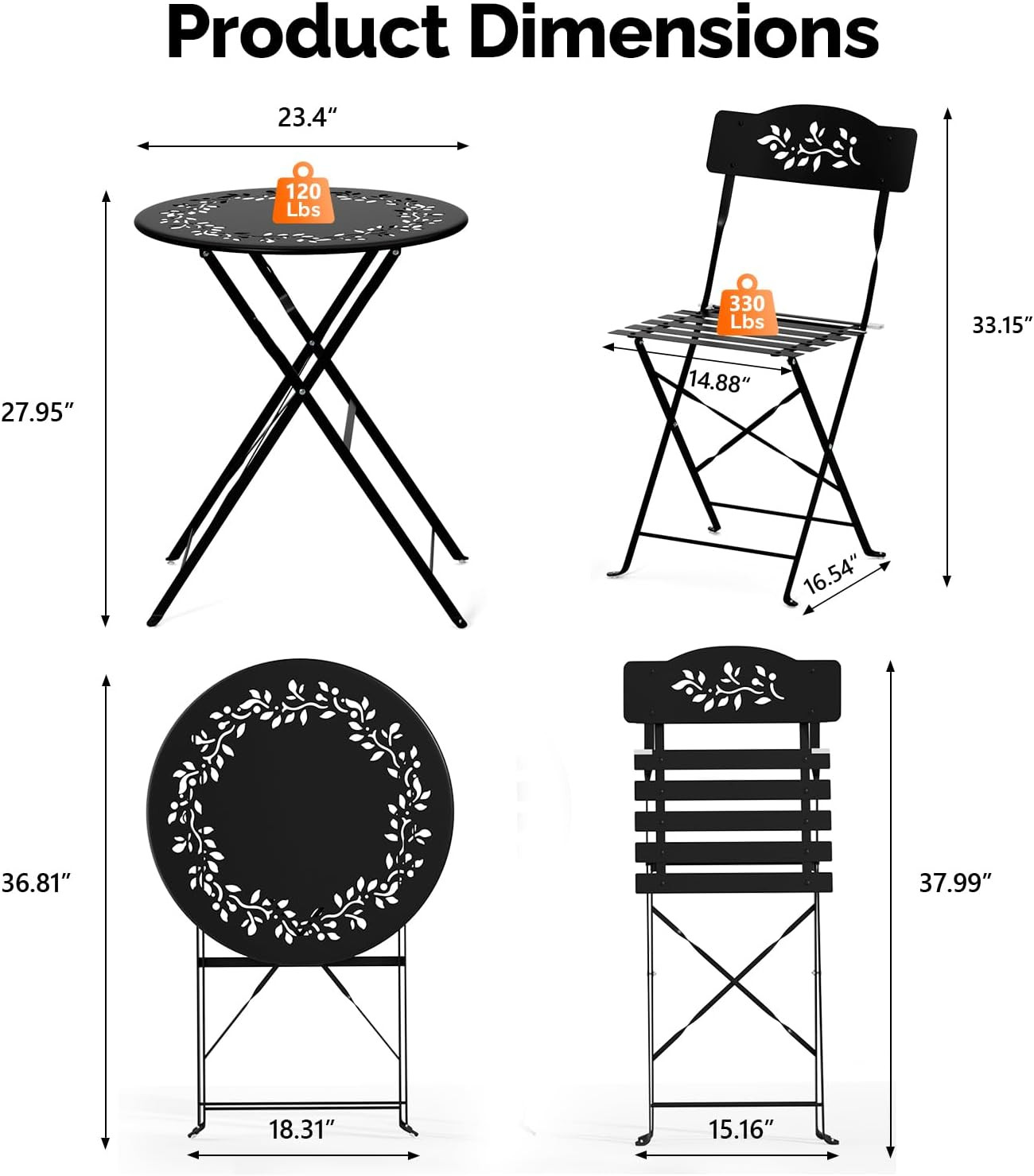 Outdoor Folding Bistro Table and Chairs Set of 2, 3-Piece Bistro Set with Olive