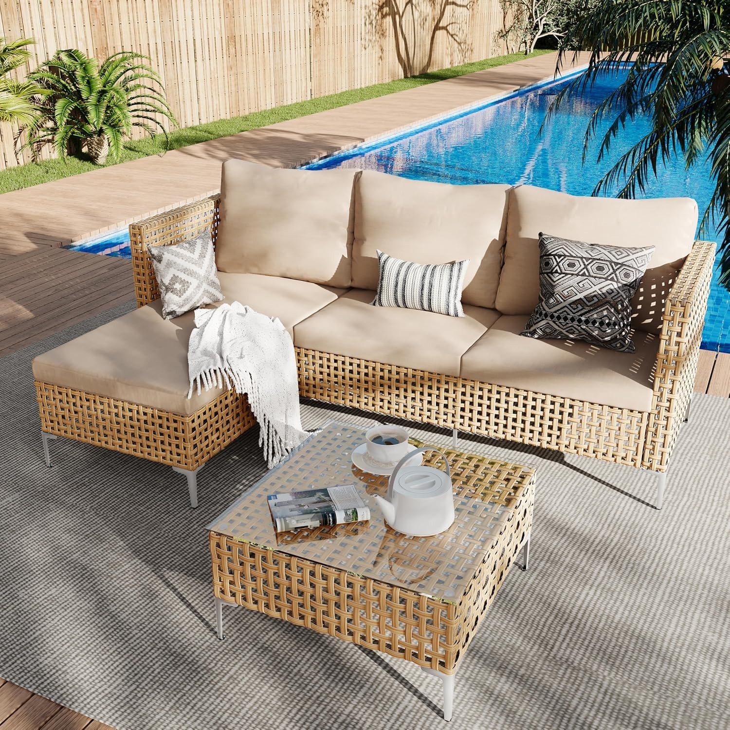 Small L-Shaped Patio Furniture Set – Weather Resistant Wicker Sectional Chaise