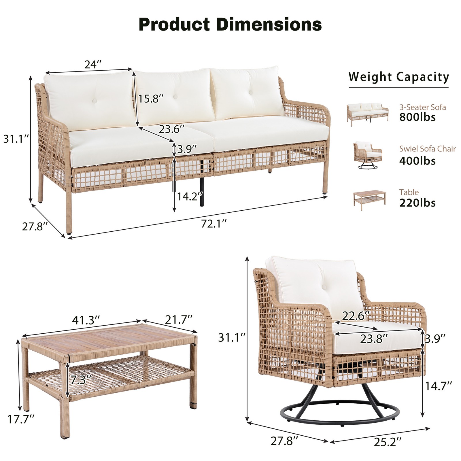 5-Piece Patio Furniture Set with Swivel Chairs, Beige Wicker Sectional Sofa