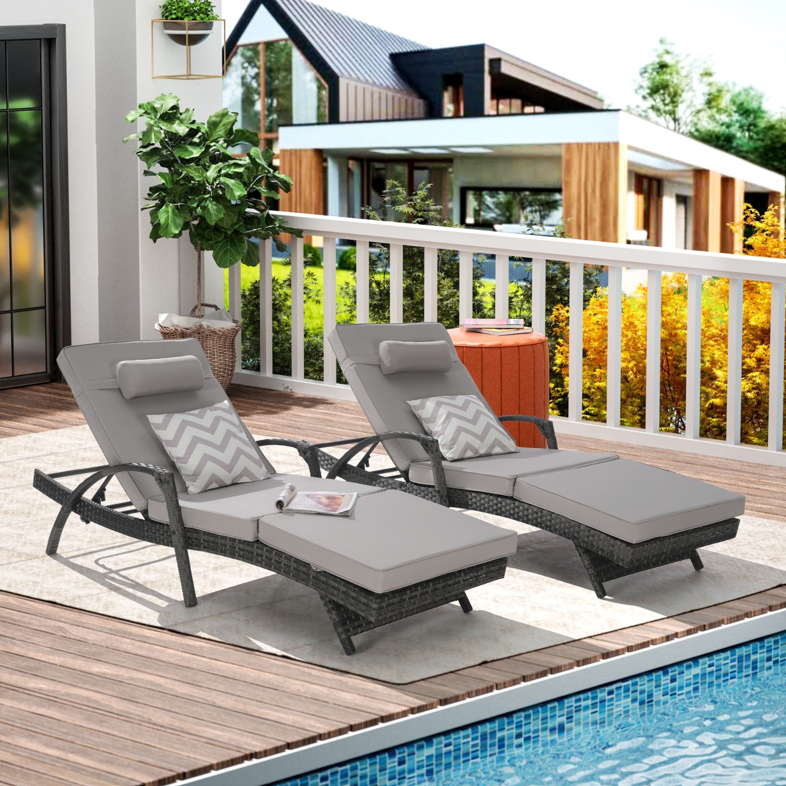 Outdoor Wicker Long Reclining Chair Set of 2 w/Cushions Lounge Chair Lawn Beach
