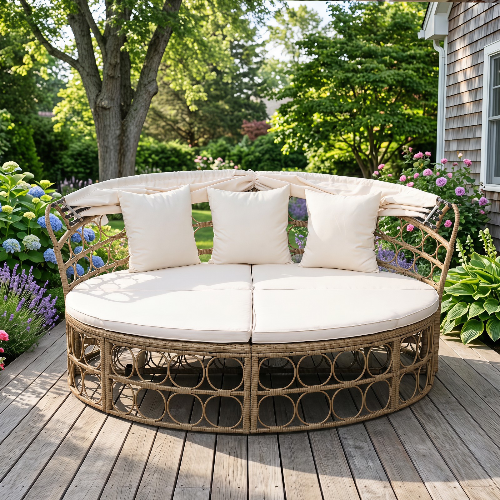 Outdoor Patio Daybed w/ Retractable Canopy & Cushions, Round Sectional Couch