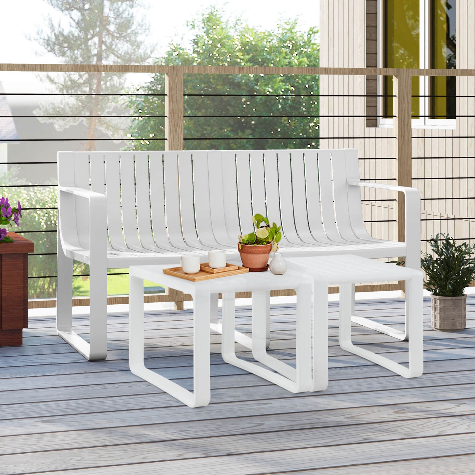 3 PCS Patio Furniture Set w/1 Loveseat & 2 Side Tables All-Weather Bistro Set