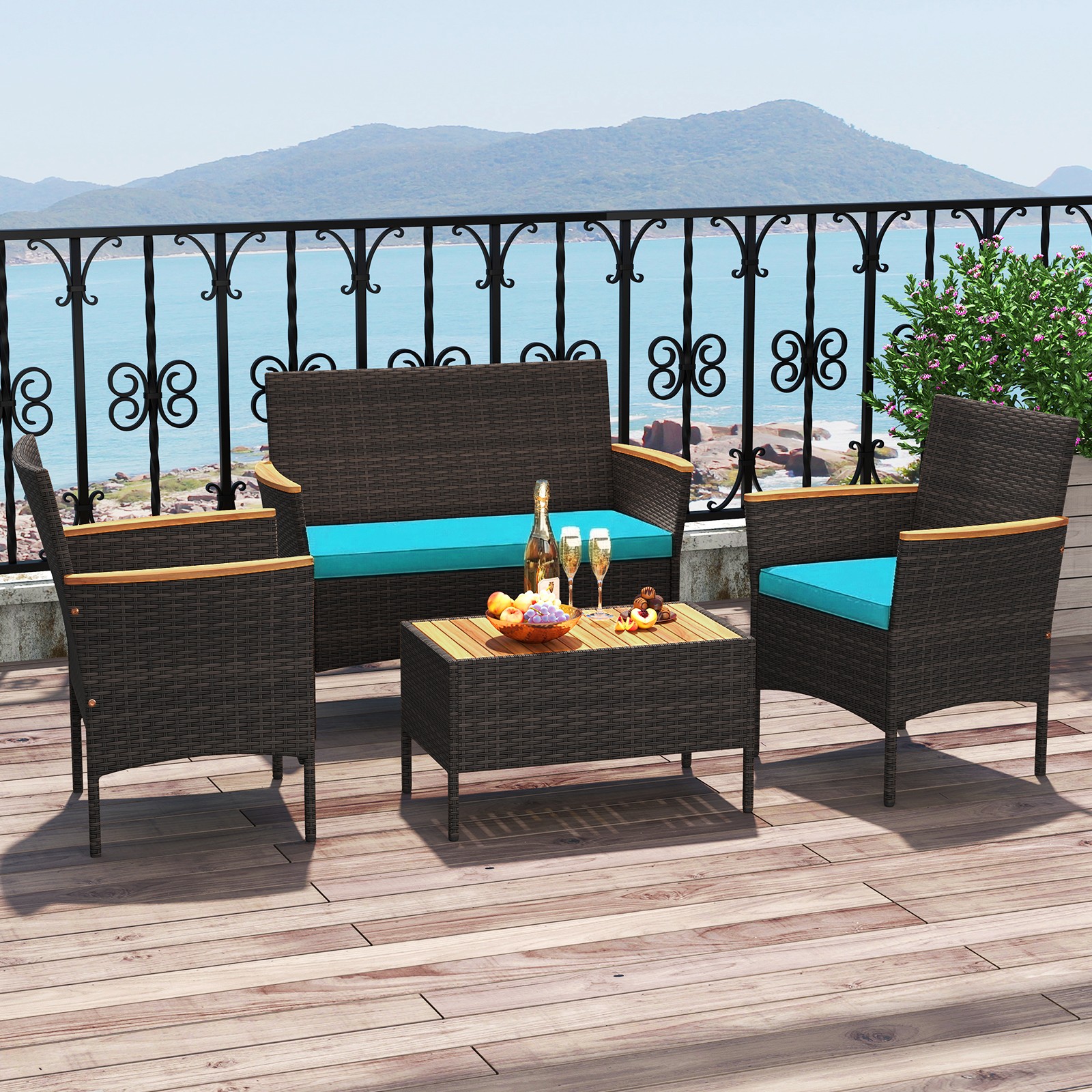 4 PCS Patio Wicker Sofa Set with Coffee Table Acacia Wood Armrests and Tabletop