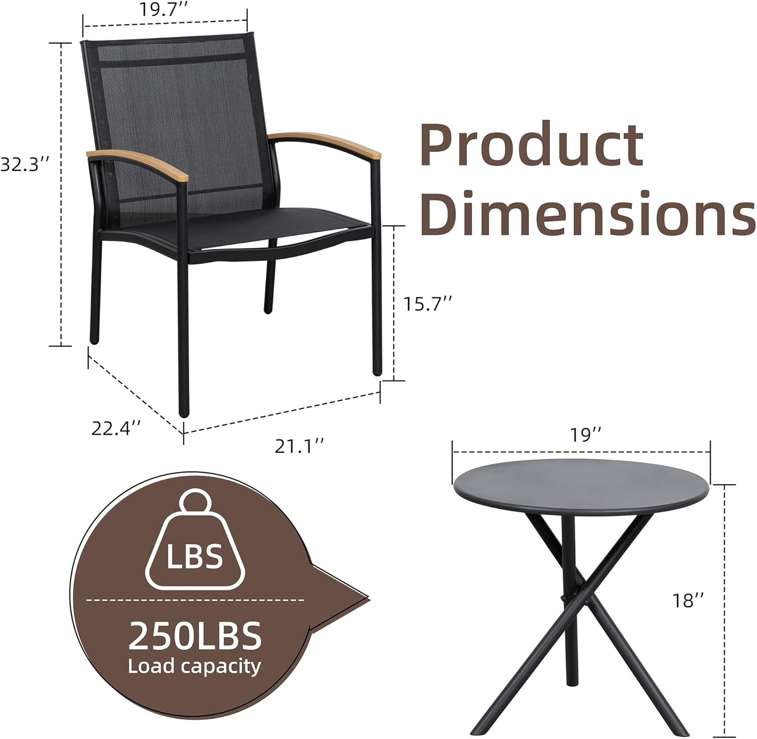3 Pieces Patio Bistro Sets, Outdoor Textilene Fabric Conversation Bistro Set, Te
