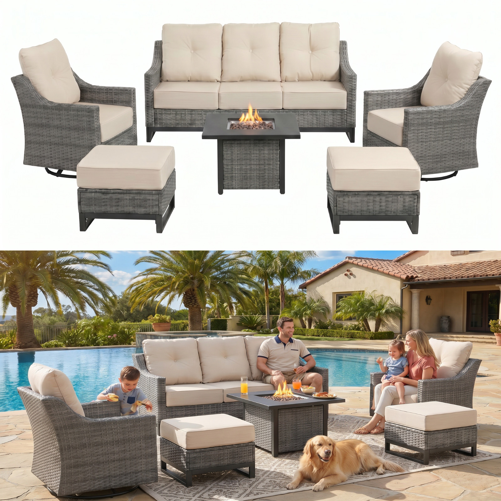 patio furniture set w/ fire table Sofa Chairs ottoman & Side Table CSA cushions