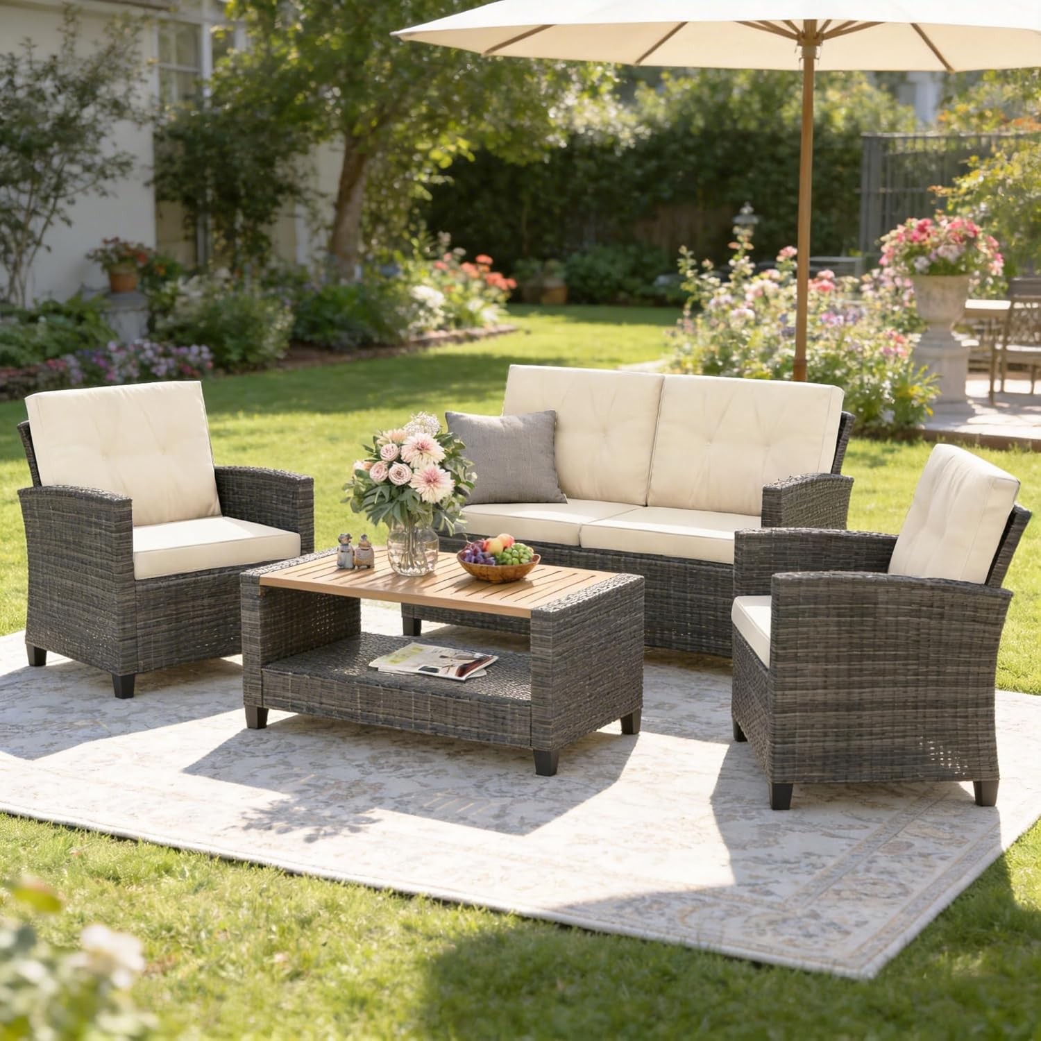4 Piece Patio Furniture Set Wicker Outdoor Patio Conversation Furniture Set All