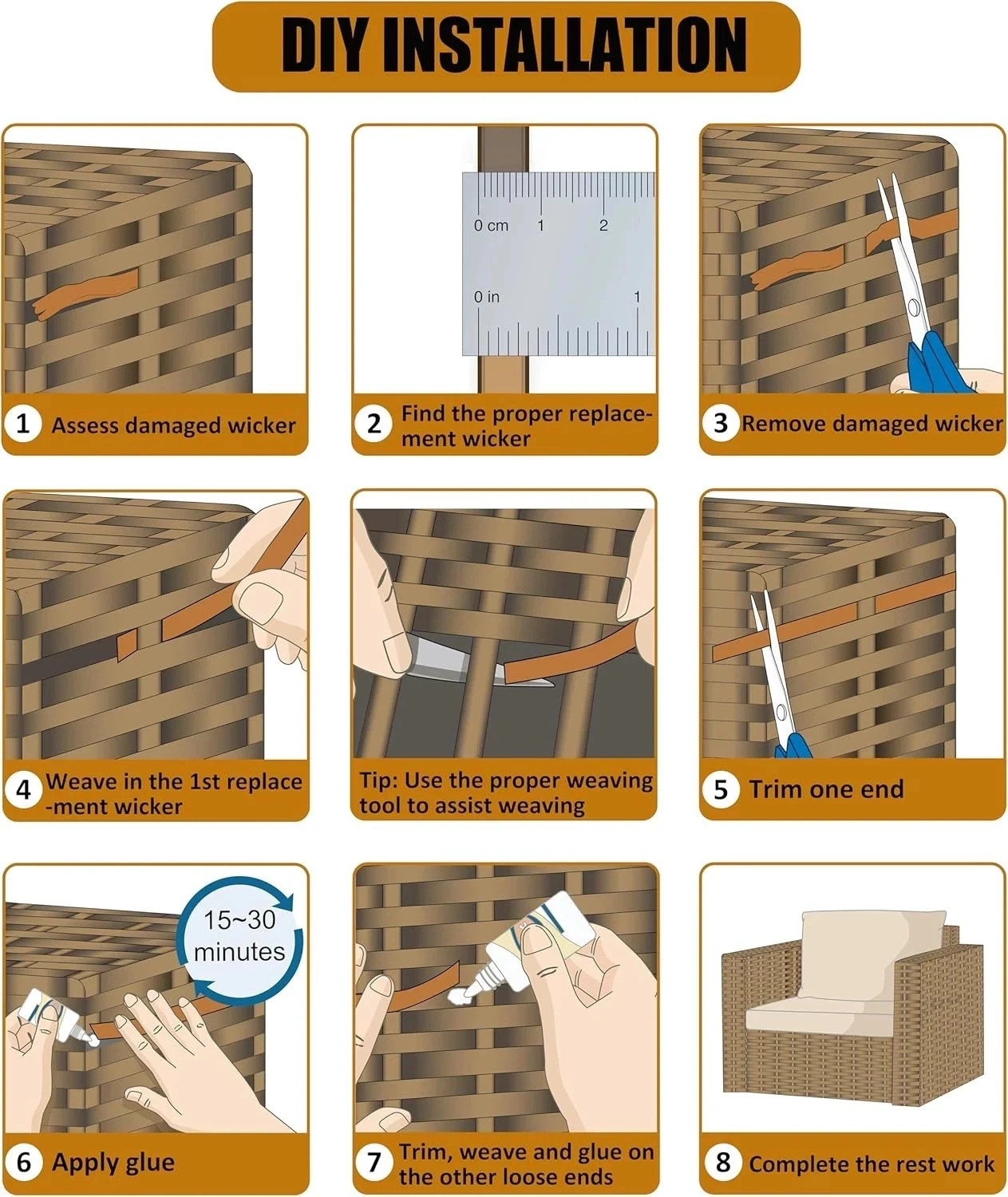 130 Ft Wicker Repair Supplies, Wicker Repair Kit, Plastic Rattan Material for Pa