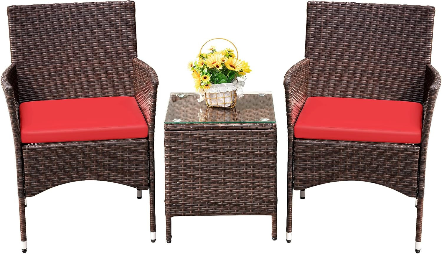 3 Piece Patio Porch Furniture Sets 2 PE Wicker Chairs Cushions Glass Table Top