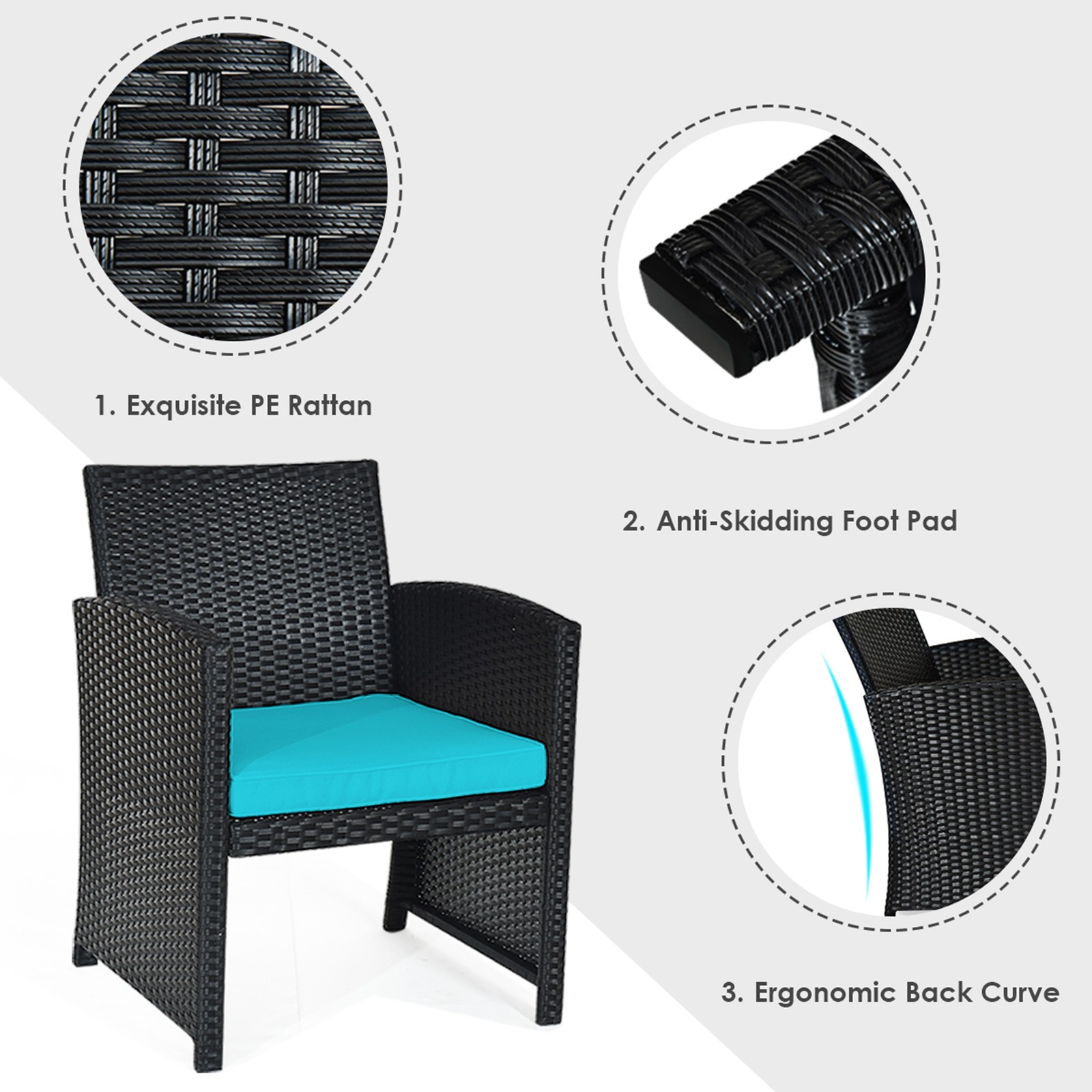 4PCS Rattan Outdoor Conversation Set Patio Furniture Set w/ Turquoise Cushions
