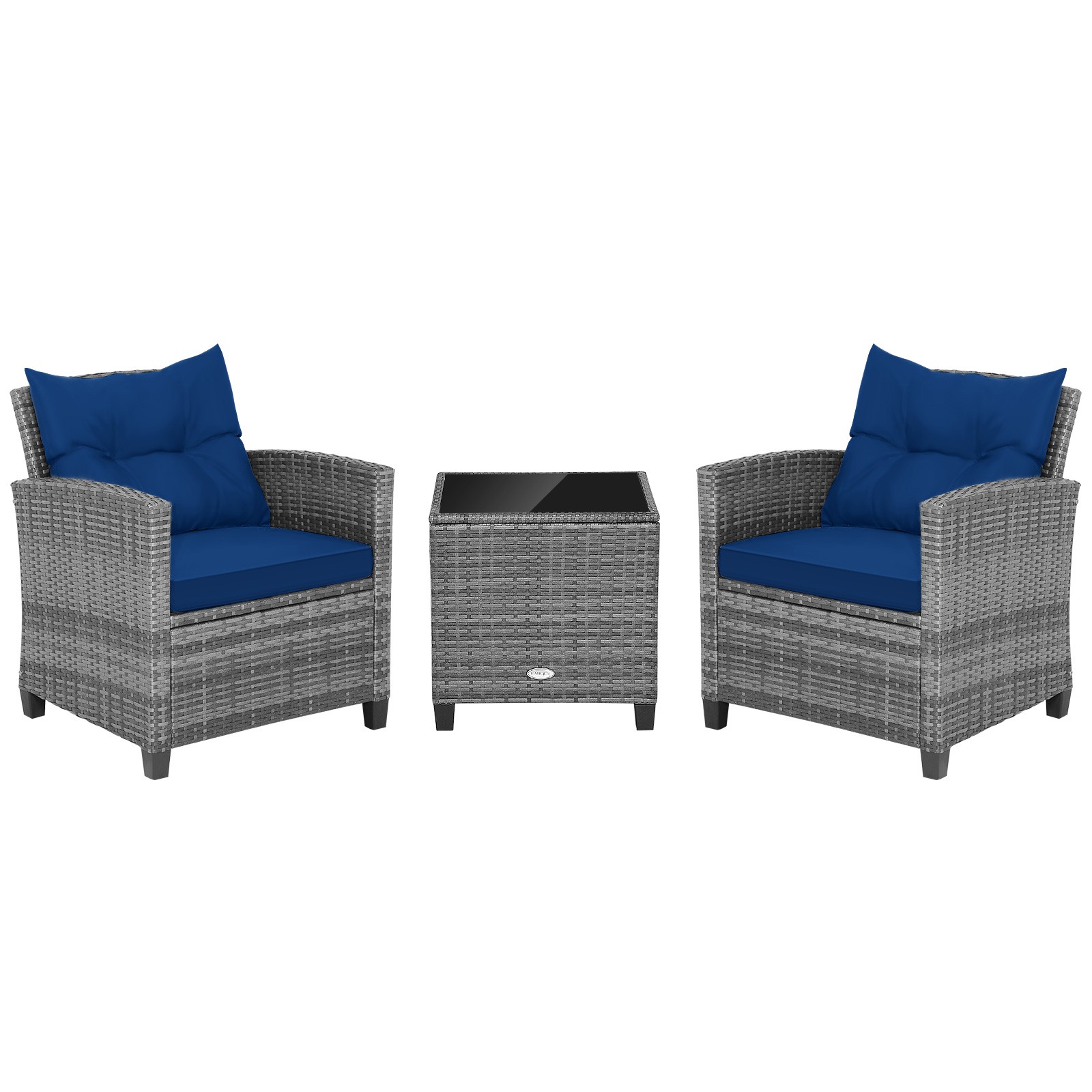 Patio 3PCS Rattan Furniture Bistro Set Cushioned Sofas Side Table Armrest Navy