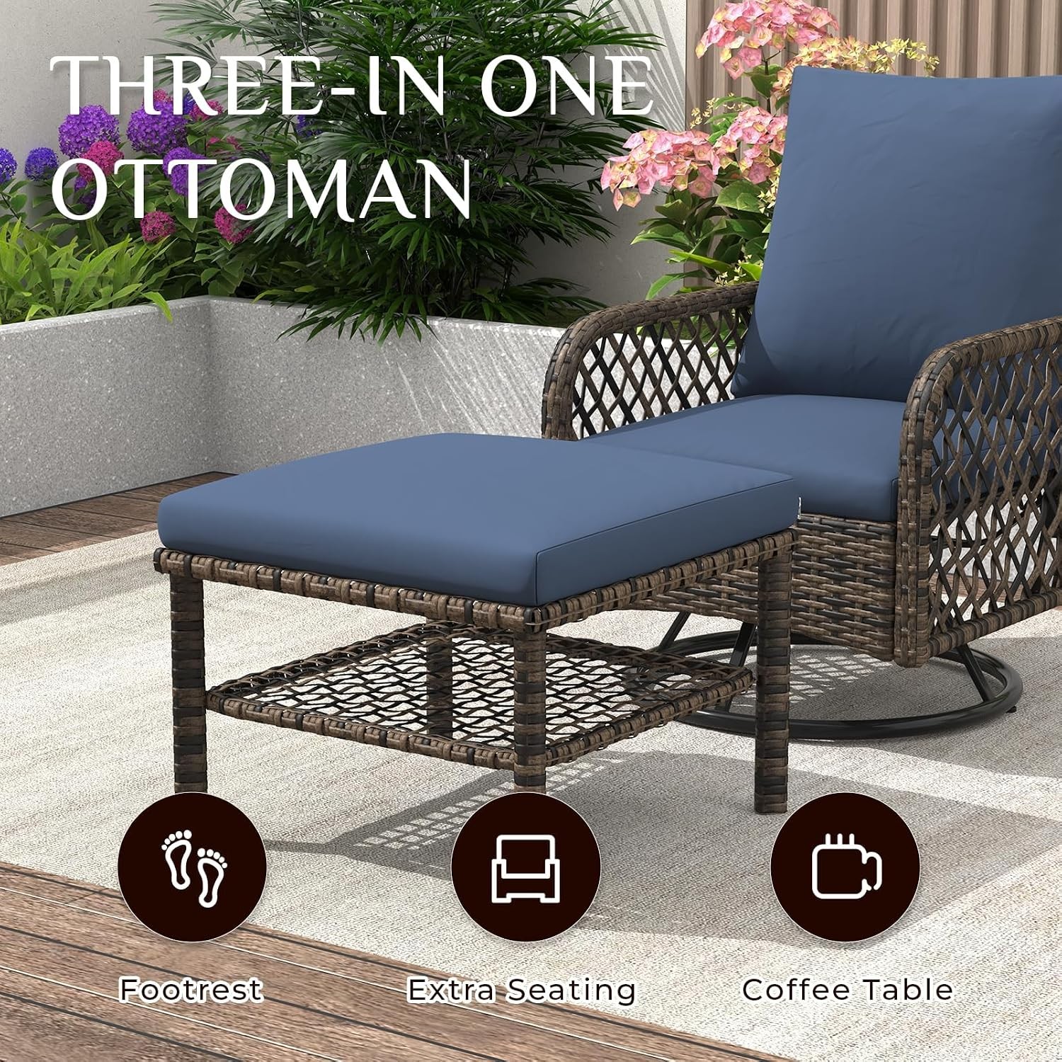 Patio Furniture Set 6PCS PE Brown Wicker Sofa & Swivel Rocker Chairs