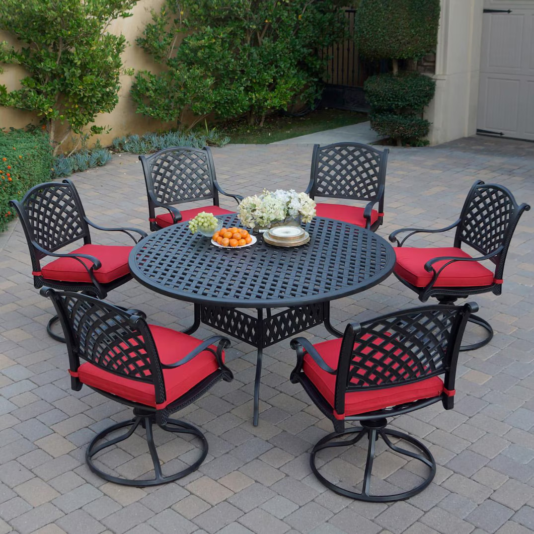 Nassau 7 Pc Cast Aluminum Dining Set Rocker in Antique Bronze Red Cushions By