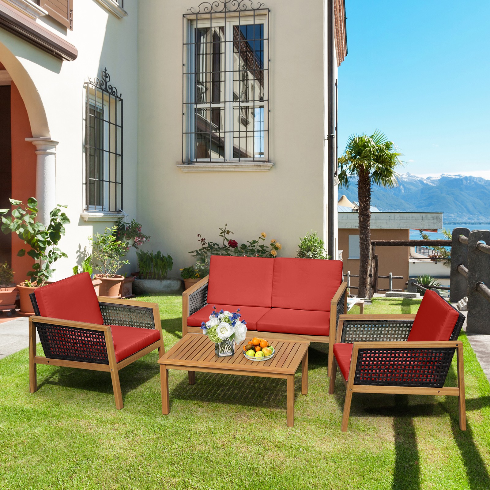 4-Piece Outdoor Acacia Wood Furniture Set Conversation Set Cushioned Red