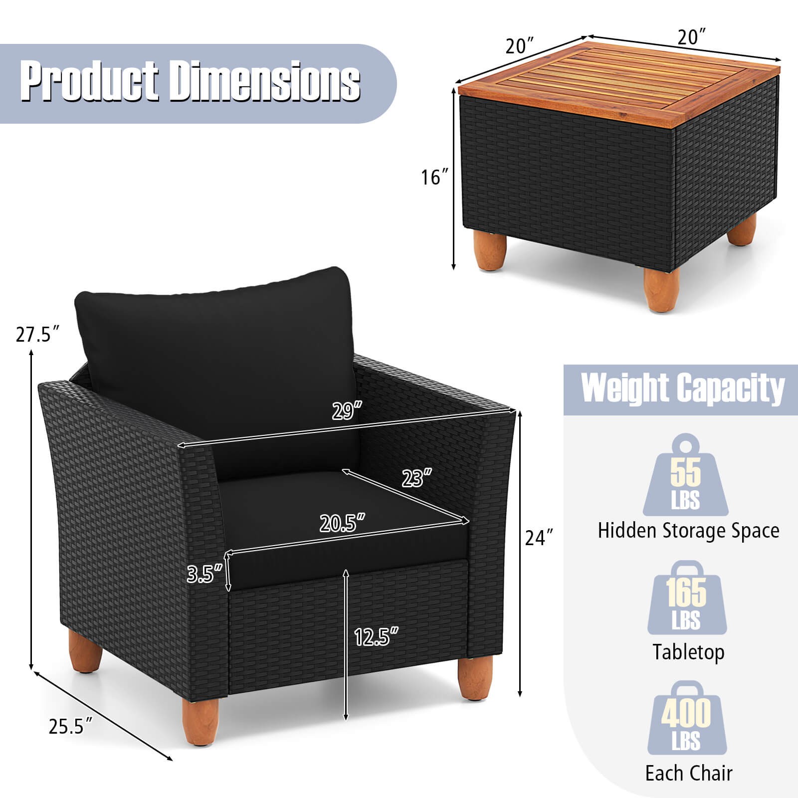 3PCS Outdoor Patio Rattan Furniture Set Wooden Table Top Cushioned Sofa Black