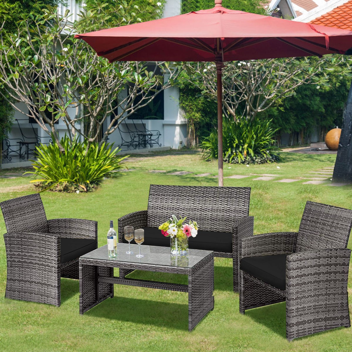 4PCS Patio Rattan Furniture Set Conversation Glass Table Top Sofa Cushioned