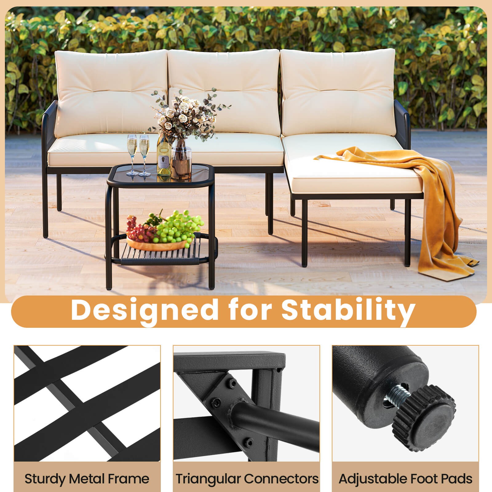 3-Piece L Shaped Patio Furniture Set w/Tempered Glass Table Back & Seat Cushions