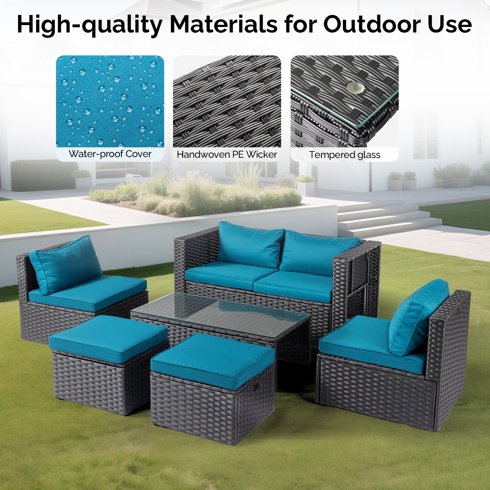 6 Piece Outdoor Patio Rattan Sectional Furniture Chair Set with Table, Footstool
