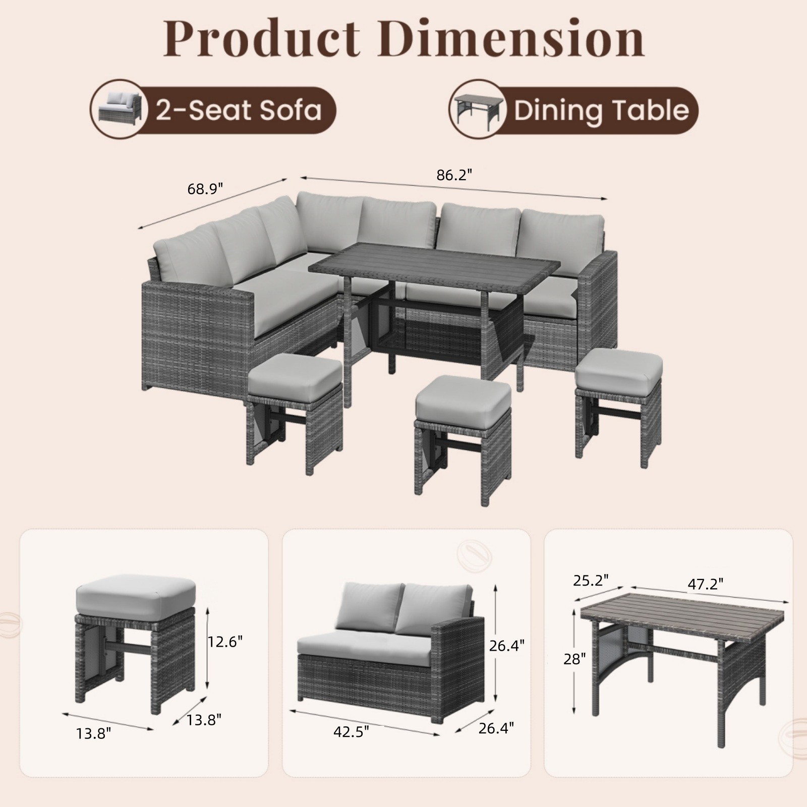U-MAX 7 Pieces Outdoor Furniture Set Patio Wicker Rattan Sectional Sofa w/ Table