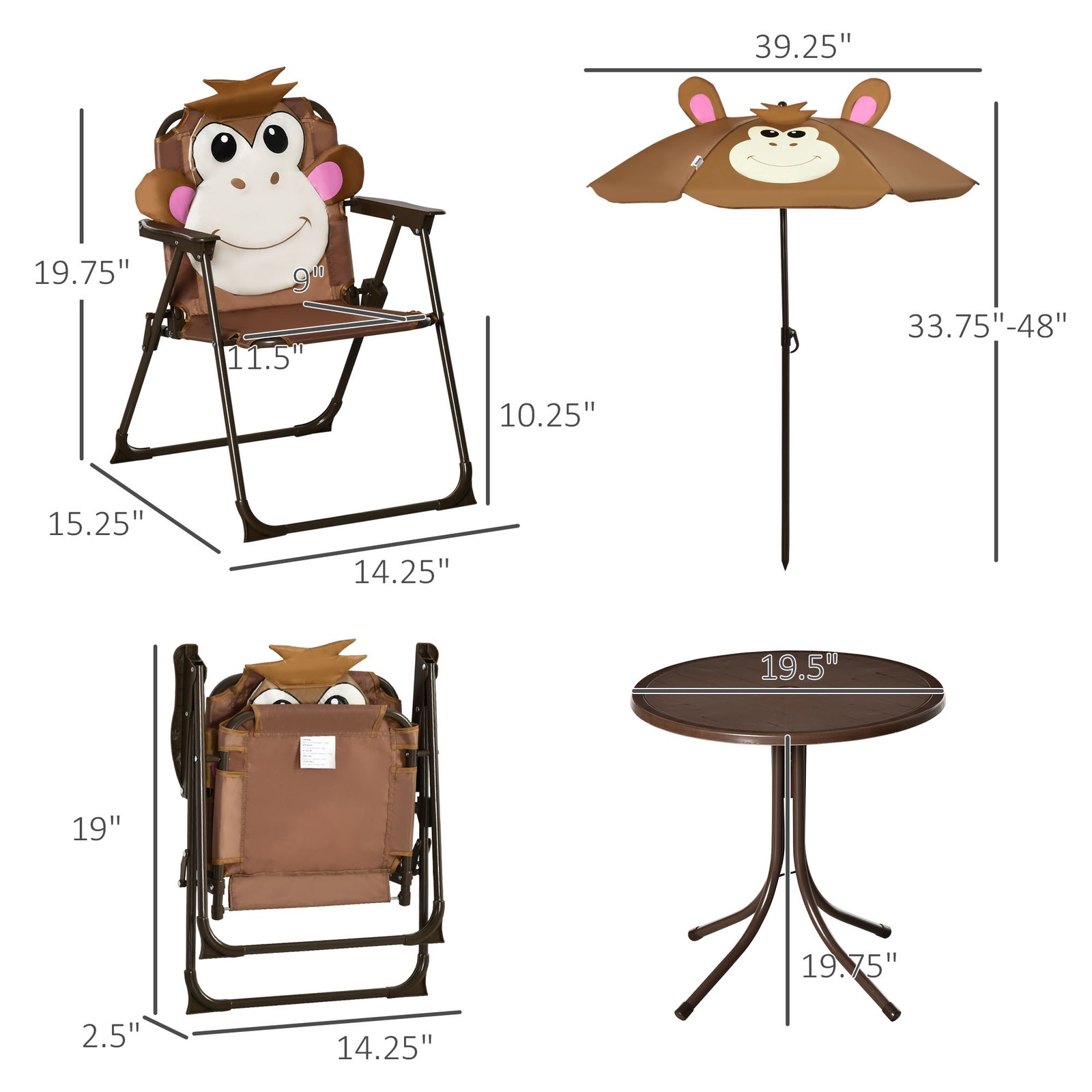 Kids Folding Picnic Table and Chair Set, W/ Adjustable Umbrella, Brown